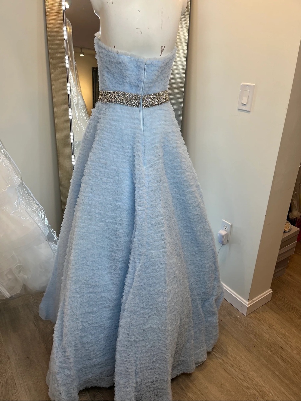 Strapless Light Blue Ball Gown with Beaded Waist - Picture 3 of 6